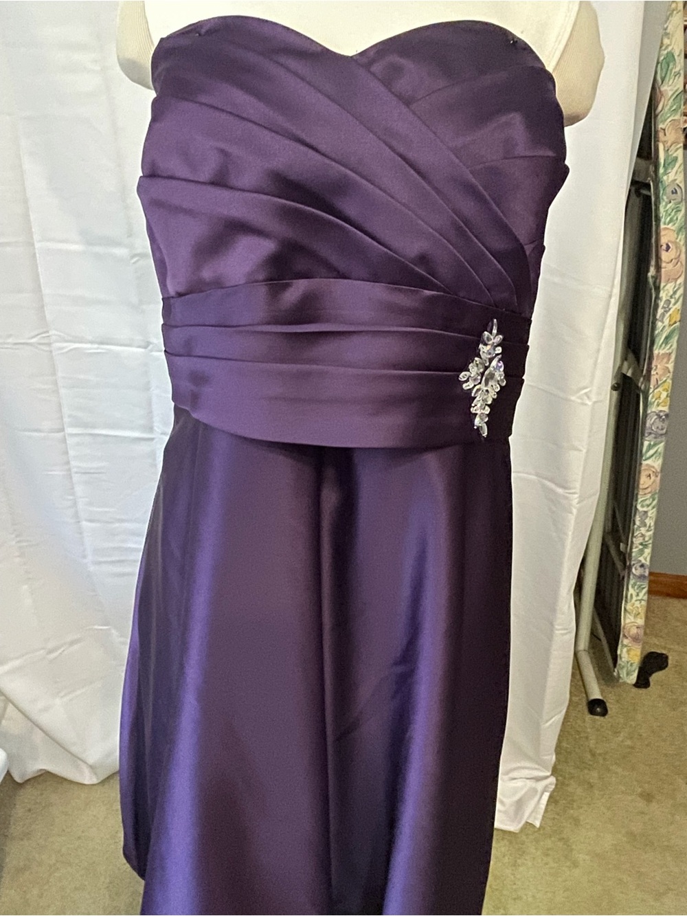 Alfred Angelo Strapless Satin Dress in Deep Purple with Rhinestone Accent